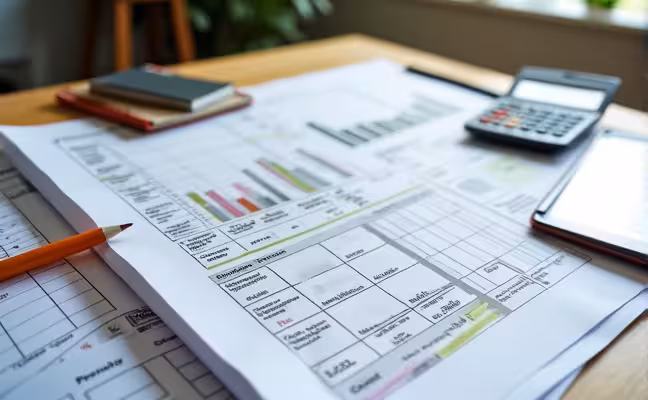 A strategic renovation plan laid out on a drafting table, highlighting areas like the kitchen and bathroom where more budget is allocated. The plan is surrounded by budgeting tools like a calculator and spreadsheets, along with luxury renovation elements like high-quality fixtures and finishes