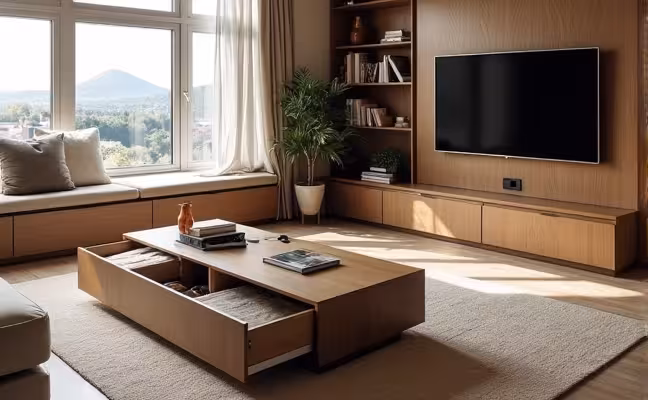 An elegant living room with a coffee table that has hidden compartments, a window seat with built-in drawers, and a wall-mounted bookshelf, showcasing the concept of space optimization and multi-functional furniture