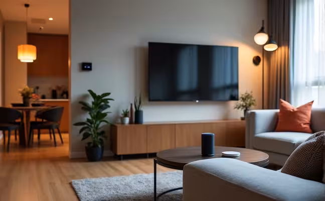 A modern Toronto home living room that features a sleek design with integrated technology. The room includes a voice-activated device like Amazon's Alexa on a coffee table, a smart thermostat on the wall, and wireless lighting fixtures. The colors and design are harmoniously blending with the overall aesthetics of the room, showcasing a seamless integration of technology