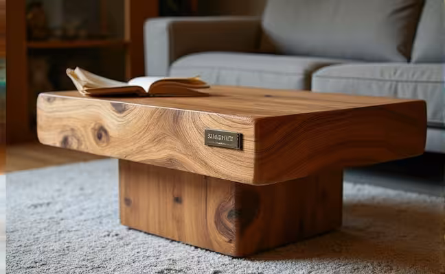 A cozy living room scene with an intricately designed, custom-built wooden coffee table as the focal point, displaying the fine craftsmanship and high-quality materials, with a small brass plaque showing the craftsman's name, symbolizing the connection with local artisans