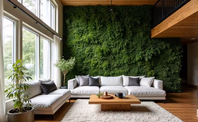 A renovated Victorian house in Toronto, with a sprawling living green wall that stretches from the floor to the ceiling, large windows that let in ample natural light, and furniture made of natural materials like wood and stone