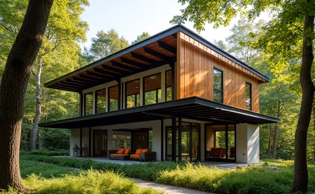 A modern, steel-framed building nestled among a lush green forest, showcasing its durable structure and resistance to natural elements. The steel beams are visible, reflecting the sunlight, and demonstrating the sustainable choice over traditional wood framing