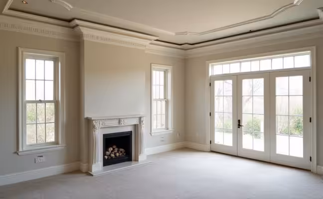 A living room with intricate crown molding on the ceiling, around door frames and windows, showcasing an elegant and cohesive look that embellishes the otherwise bland walls