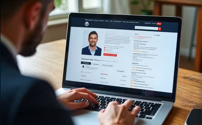 A person carefully examining a contractor's profile on a laptop, with websites like Better Business Bureau and HomeStars open in the background. The screen displays positive and negative reviews, ratings, and details of complaints or lawsuits