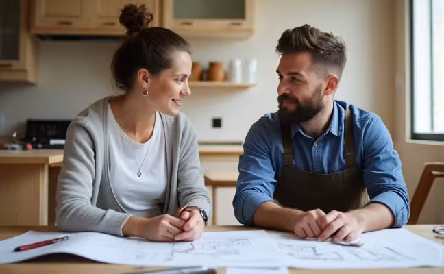 A detailed image showcasing a homeowner and contractor in the midst of a friendly discussion in a half-renovated Toronto home. The scene should include blueprints and various renovation tools scattered on a table, illustrating clear communication and shared understanding of the project