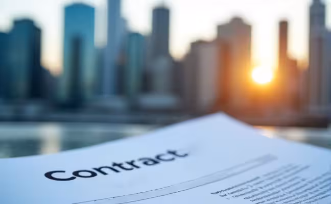 A close-up of a contractor's license and insurance documents lying on a table with a Toronto cityscape in the background, highlighting the importance of hiring a licensed and insured professional for construction or renovation work