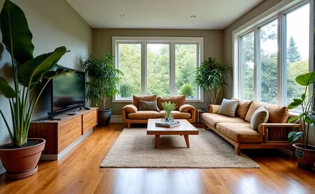 A modern and stylish living room in a Toronto home, showcasing a bamboo floor and reclaimed wood furniture. Large, high-performance windows allow an abundance of natural light to flood into the room, highlighting a selection of lush, indoor plants placed strategically around the space