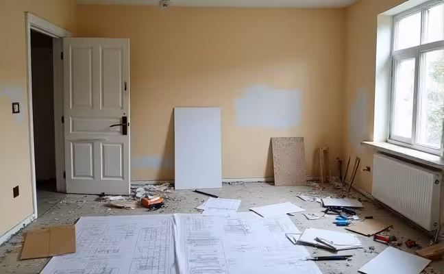 An image of a messy, disorganized room mid-renovation, with blueprints and tools scattered around haphazardly. The room should reflect a clear lack of planning, with half-finished paint jobs and materials that don't match, symbolizing the pitfalls of insufficient planning
