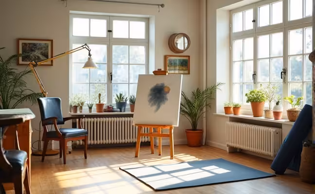 A brightly lit hobby room with large windows allowing natural light to flow in, showcasing an artist‚Äö√Ñ√¥s easel with a half-finished painting, a clean yoga mat rolled to the side, and an adjustable overhead task lamp in the corner