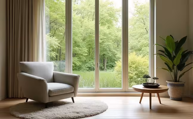 A serene, naturally-lit corner of a home, with a minimalist design. The room features a large window facing a lush green view outside, a comfortable armchair with a soft rug, and a small table with a tabletop Zen garden. The room's color palette includes soothing shades of beige and light grey