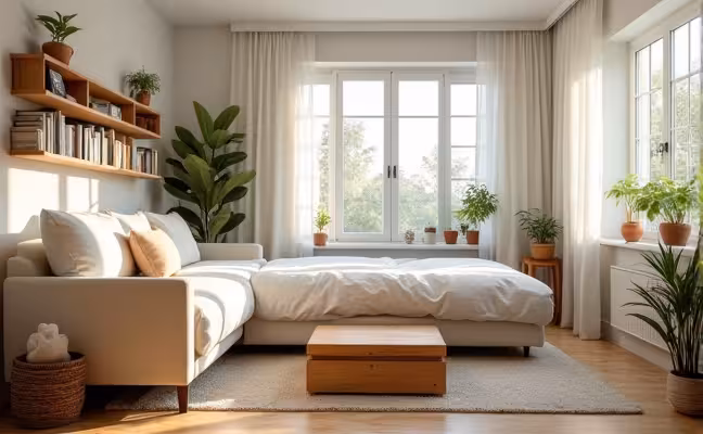 A well-organized, spacious living room with multiple use furniture: Show a bright, airy living room with modern aesthetic. The room should feature a corner with a wall-mounted shelf filled with books and small potted plants, a convertible sofa in the center that opens up as a bed, and a coffee table with hidden storage compartments. The room should exude a warm, inviting, and organized feel