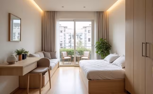 A small, minimalist living room with light neutral-colored walls and furniture, featuring a convertible table turned into a desk, a bed with built-in storage and a tall, narrow storage unit. The room is divided into distinct zones for sleeping, working and relaxing, with a clear view of a small, cozy balcony filled with outdoor furniture and plants