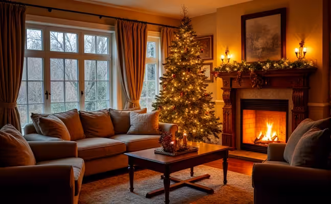 A beautifully decorated living room in a cozy home, with twinkling Christmas lights, a tall festive tree adorned with ornaments, and a fire crackling in the fireplace, creating a warm and inviting holiday atmosphere