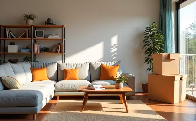 An image of a vibrant, organized living room with neatly arranged shelves, a clutter-free coffee table, and a few packed boxes of items ready to be donated, illustrating the process of decluttering and organizing