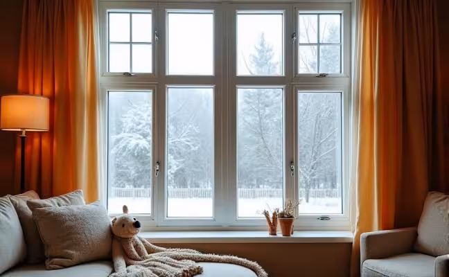 A warm and cozy living room with large windows covered in thermal curtains, displaying a frosty winter scene outside, with a close-up view of a window corner showing the layer of plastic film insulation applied to it