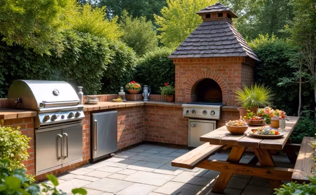 A bustling outdoor kitchen space with a stainless steel BBQ grill, a rustic wooden picnic table filled with summer dishes, a refrigerator, and a brick pizza oven nestled amidst lush greenery