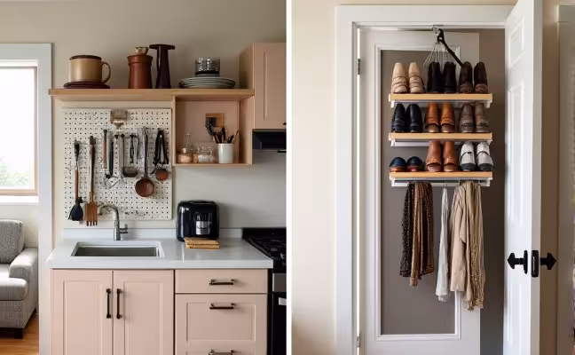 A well-organized room with a wall-mounted shelf structure and a pegboard in the kitchen filled with neatly arranged kitchen tools and utensils. On the door of a closet, a hanging storage solution is seen, with shoes, belts, and scarves systematically placed