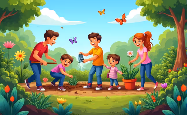 A vibrant and lively backyard garden scene with various plants like vegetables, flowers, and herbs. A family is joyfully working together, some digging the soil, others planting, and a few watering the plants. A clear blue sky overhead and a couple of butterflies fluttering about, signifying a healthy habitat for wildlife