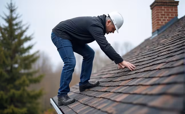 A professional home inspector examining a roof, taking a closer look at the shingles, flashing, chimneys, and gutters, potentially spotting a small leak