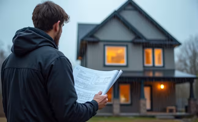 An image of a distressed homeowner in Toronto, holding a blueprint and looking at a half-renovated house under a rainy sky, symbolising unforeseen renovation delays due to weather conditions