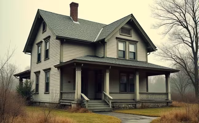 An image of a vintage home, showing areas where asbestos might typically be found such as old vinyl tiles, insulating materials around pipes, siding, and roofing shingles. The image should have a muted, old-fashioned color scheme to reflect the time period when asbestos was commonly used in construction