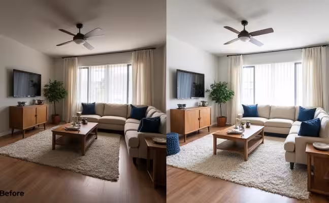 A before and after comparison of a living room remodel, showcasing the transformation from a cramped and outdated space to an open and modernized area with sleek furniture, smart home technology, and an abundance of natural light flowing in