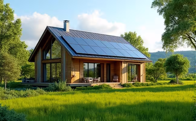 An eco-friendly home nestled in a lush green field, with solar panels on the roof, a rainwater harvesting system on one side, and large windows for natural lighting. The exterior is made of renewable materials, and the house is surrounded by a well-manicured garden