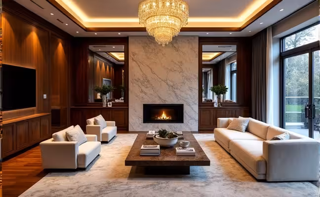 A luxurious living room in a large Toronto home, showcasing high-end materials such as exotic woods for the flooring and furniture, marble accents on the fireplace and coffee table, as well as custom handcrafted furnishings like a plush velvet sofa and a grand chandelier hanging from the ceiling