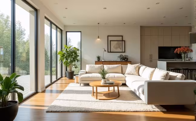 A bright and spacious living room with large windows, allowing plenty of sunlight to illuminate the space. The room features a neutral color palette, comfy furniture, and a few plants, creating an inviting and relaxed atmosphere. The open floor plan is visible with the kitchen and dining area easily accessible and visible in the background