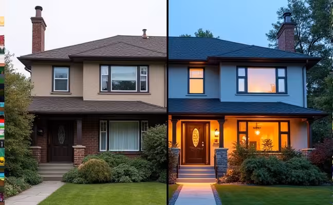 A before-and-after comparison of a run-down property in Toronto that has been transformed into a modern, stylish home after a renovation. The 'before' image should depict a dated, unattractive house, while the 'after' image should showcase a dream home with a revamped exterior, a fresh coat of paint, landscaped garden, and stylish outdoor lighting