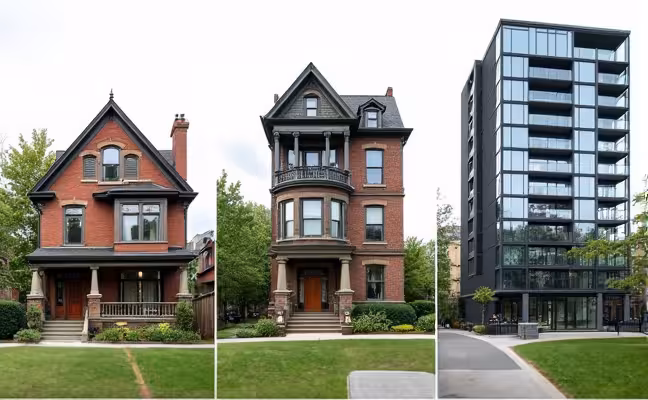 An image showcasing a variety of home architectural styles found in Toronto, including a Victorian-era house, a loft-style apartment, and a modern glass and steel building. Each building should have a label indicating its architectural style