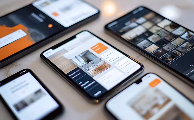A collection of mobile devices displaying various home remodeling apps. On one device, an application like HomeZada displays a detailed budget tracking screen; on another, a project management tool such as Trello shows a task list with set deadlines; and on another, an app like Houzz showcases an array of inspiring high-resolution photos of home interiors