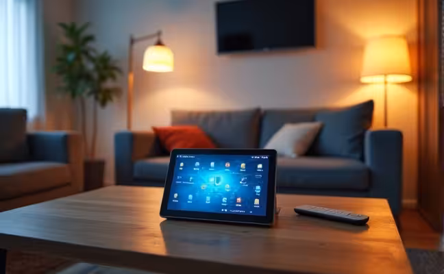 A modern home living room showcasing a home automation system, with a smart device on a coffee table controlling various household appliances such as the lighting, heating, and security systems