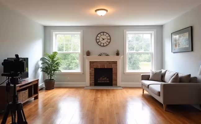 A well-lit, immaculately clean and decluttered living room with a focus on renovated features, such as a newly installed fireplace or refinished hardwood floor. The room is bathed in natural light, showcasing the freshly painted walls and tastefully arranged furniture. A high-quality camera is positioned in the room, ready to capture multiple angles for the virtual tour