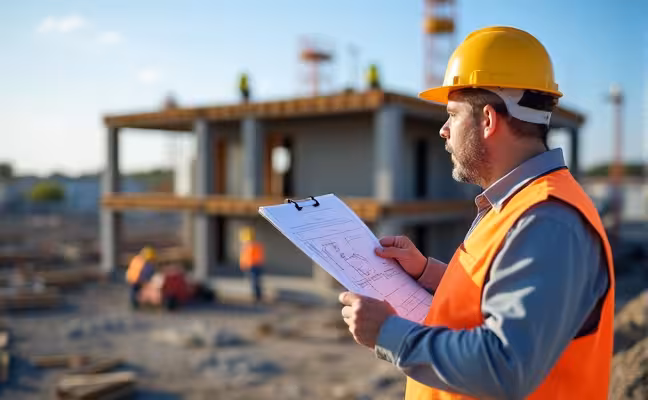 A construction inspector in a hard hat, holding a clipboard and reviewing a large blueprint at a busy construction site, with workers in the background adhering to safety guidelines as they work on the structure