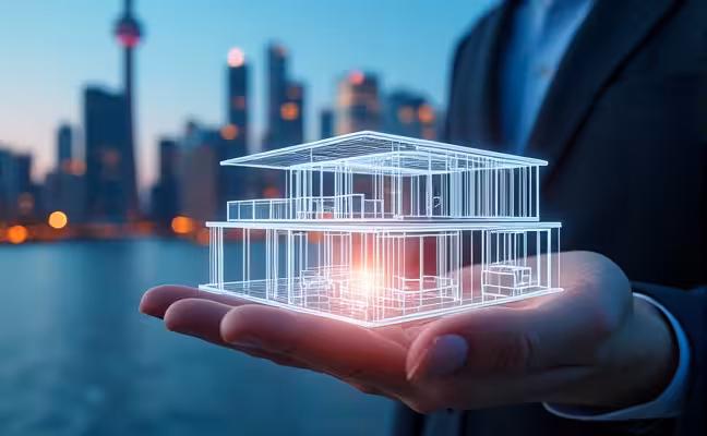 An AI interface with a 3D hologram of a modern, eco-friendly house design, set against the backdrop of Toronto's skyline to signify the application of AI in designing sustainable structures in the city