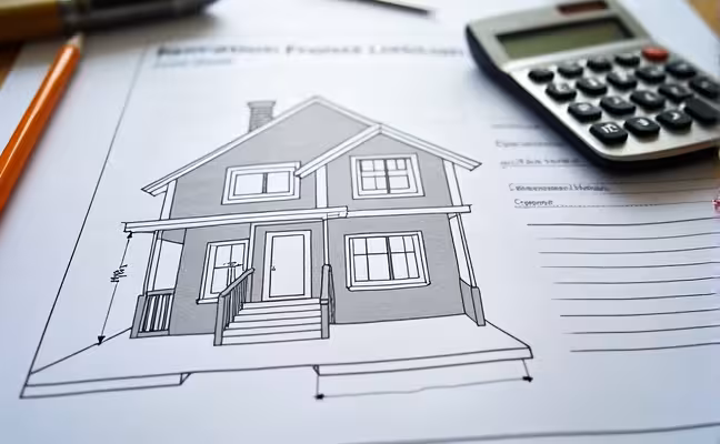 A detailed blueprint of a house with marked renovation areas, alongside a calculator, a pencil, and a list of potential expenses like labour, materials, and permits, symbolizing the planning and budgeting process of a Toronto home renovation project