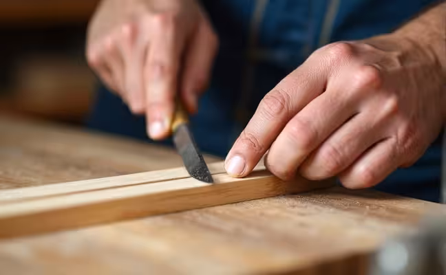 A close-up image of an artisan's hands holding a chisel and a piece of wood, showcasing the superior craftsmanship in home renovation, with a focus on intricate details and precision. This image should embody the high-quality work and attention to detail that SimpleHome is known for