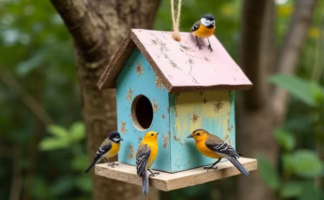 A handcrafted birdhouse hanging from a tree, painted in soft pastel colors with small, intricate designs that include a variety of local bird species perched around it, emphasizing the use of environmentally friendly materials