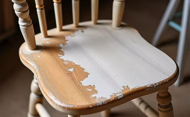 A well-worn wooden chair in the process of being upcycled, with half of it sanded down revealing the natural wood while the other half still retains the old chipped paint, a sandpaper lying on the side