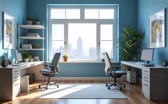 An image of a spacious, well-lit home office with a large window providing natural light. The office includes a sleek desk positioned near the window, an ergonomic chair, and a standing desk. The room is painted in soft blue, indicating a calm and focused environment. The space is free of clutter, with neat shelves and a filing cabinet for organized storage