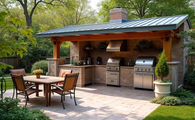 An image depicting an ideal outdoor kitchen location in a backyard, showing a spot near the indoor kitchen but with a beautiful garden view, good ventilation, and a consideration for sunlight, wind direction, and accessibility
