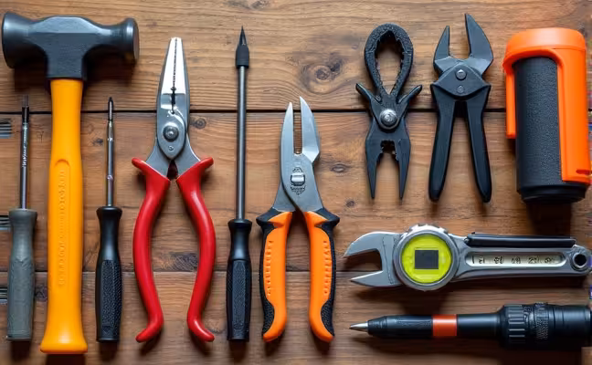 A wooden workbench with a variety of essential tools neatly organized on it. The tools should include a hammer with a shock-absorbing handle, a set of flat-head and Phillips-head screwdrivers with magnetic tips, an adjustable wrench with a comfortable grip, needle-nose and tongue-and-groove pliers, a retractable tape measure, a utility knife with replaceable blades, and a powerful flashlight with a rechargeable battery. The image should portray a well-equipped workspace ready for a variety of household tasks