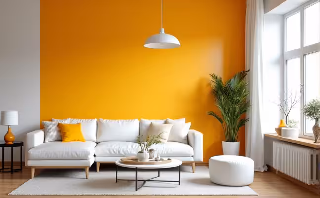 A brightly colored painted accent wall in a modern living room with white furniture and decor accents, featuring clean, sharp lines created by painter's tape and a smooth finish achieved with a paint roller
