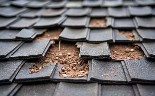 A weathered, old roof with visibly worn-out shingles, some missing, revealing the underlying structure. The roof is aged beyond its estimated life span, with a worn-out, faded appearance indicating the passage of at least two decades. Also, there are a few layers of previously installed shingles peeking through the damaged parts
