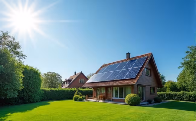 A picturesque residential house with a lush green yard, adorned with sleek solar panels on its roof against a clear blue sky, sun shining brightly above, emphasizing the concept of renewable energy