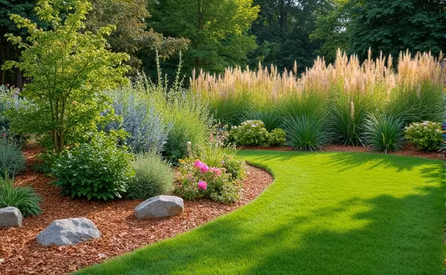 A vibrant garden filled with native and drought-resistant plants, a variety of perennials in full bloom, and a layer of mulch covering the soil with a background of lush ornamental grasses replacing the traditional lawn