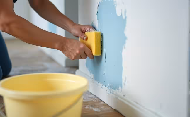 A close-up image of a person's hands preparing a wall for painting, scrubbing it clean with a sponge and soapy water, a bucket of water nearby, and a patching compound and sandpaper on the side ready for repairing any holes or cracks