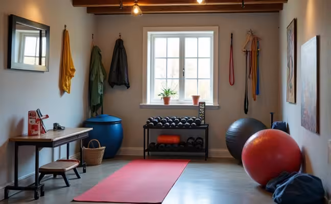 A small, neatly organized home gym in a basement with essential and compact equipment such as adjustable dumbbells, a yoga mat, resistance bands, and a stability ball, a small table in a corner with a first aid kit, and a phone on a stand displaying a fitness app