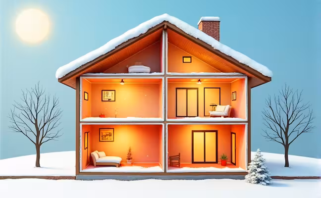 A cross-section illustration of a well-insulated house showing different types of insulation in various parts of the house like the attic, walls and basement. The image should highlight the heat being trapped inside during winter and being reflected away during the summer, demonstrating the comfort and energy efficiency aspects